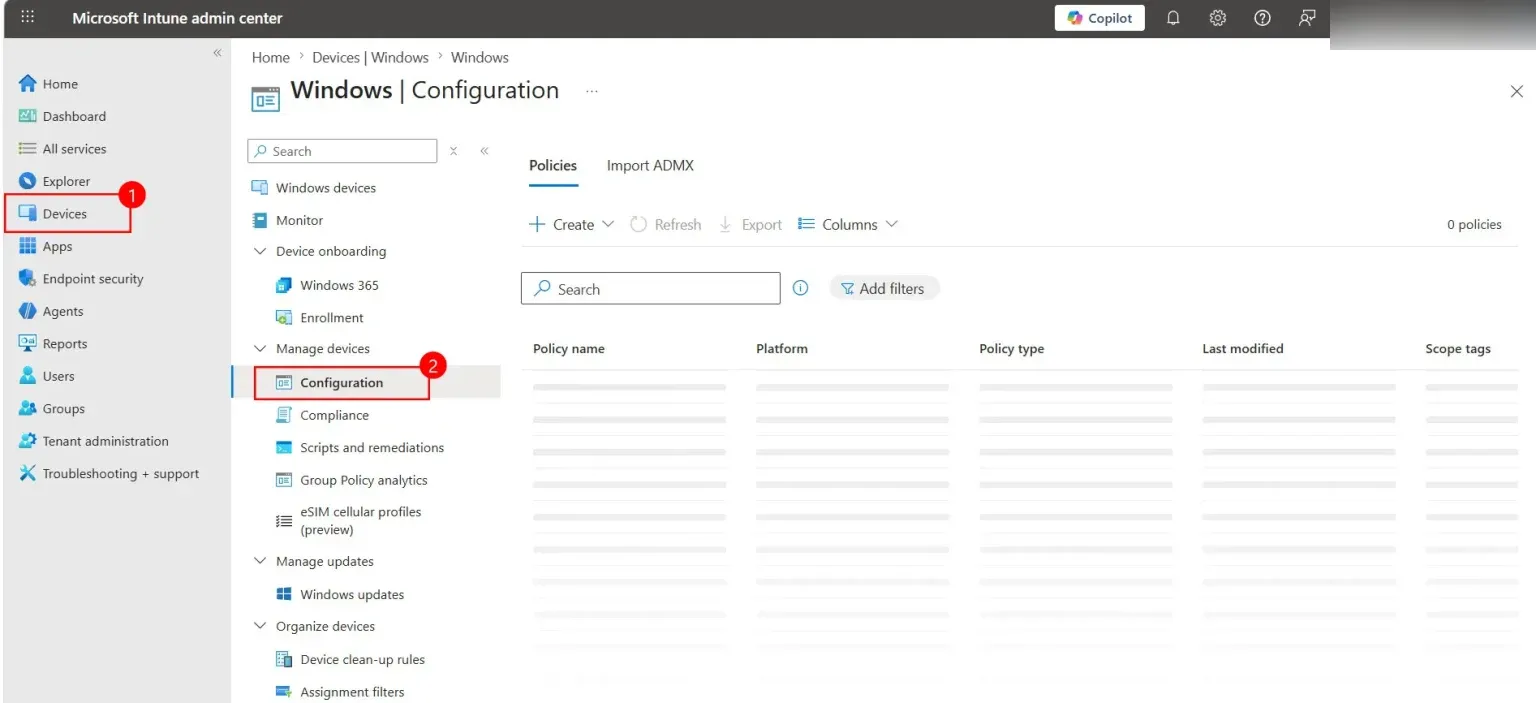 Menu Dispositivos > Windows > Perfis de configuração no Intune” /><br />
<img decoding=