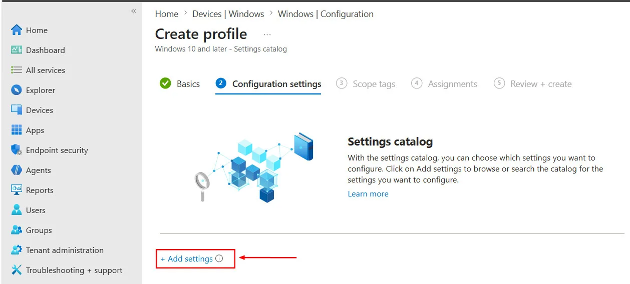 Tela de configuração com o botão Add settings destacado