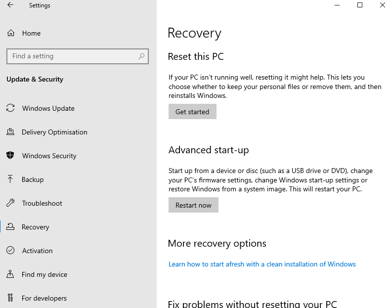 Tela Recuperação nas Configurações do Windows, com o botão Reiniciar agora em Inicialização avançada