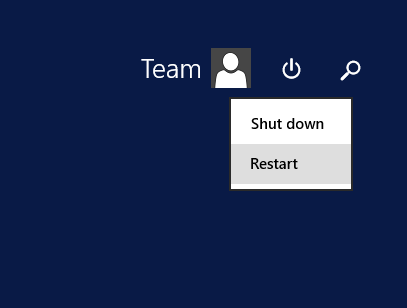 Menu de energia na tela de login com a opção Reiniciar, usado ao segurar Shift no Windows Server 2012